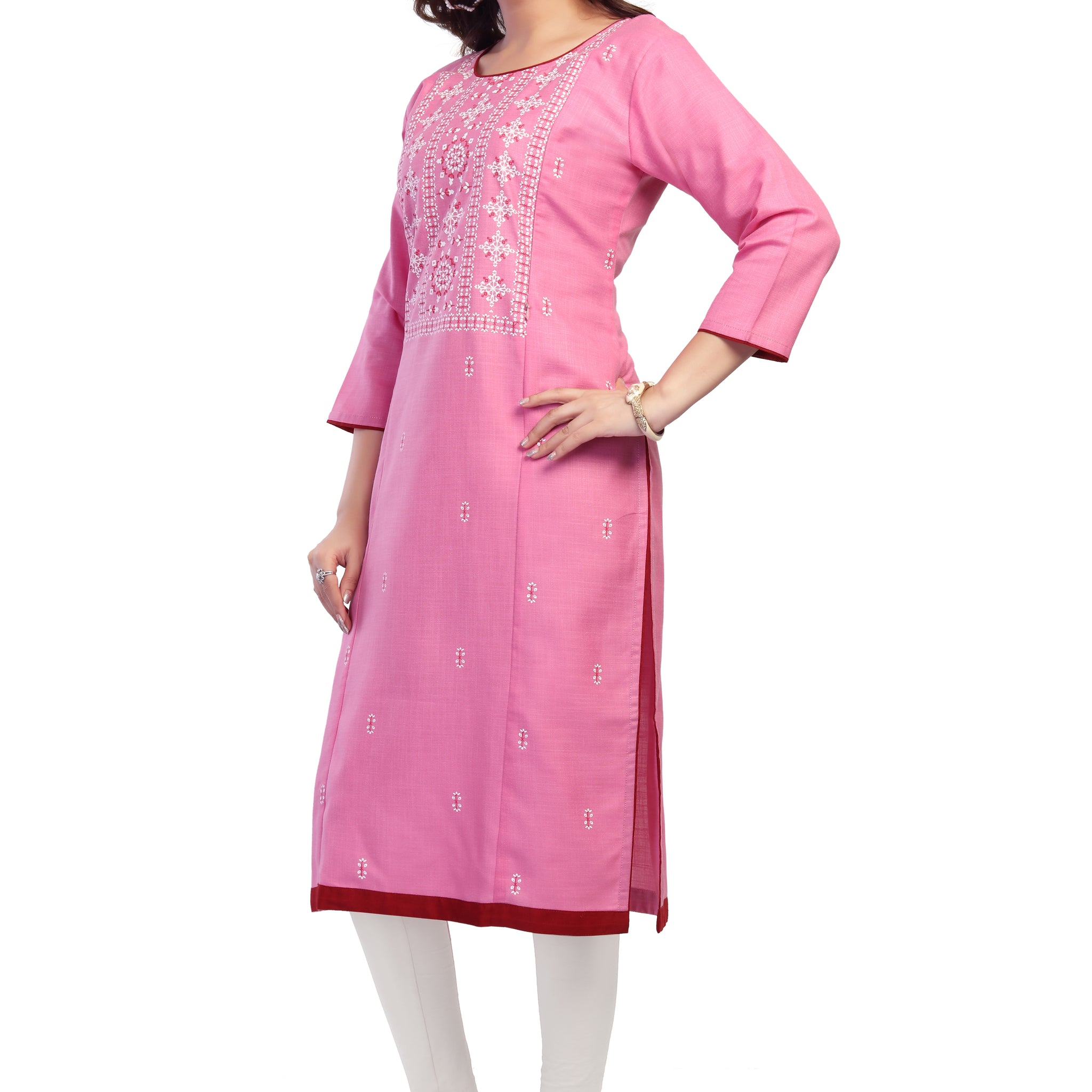 Straight Maternity & Nursing Kurti — Rose Pink Yoke Embroidered