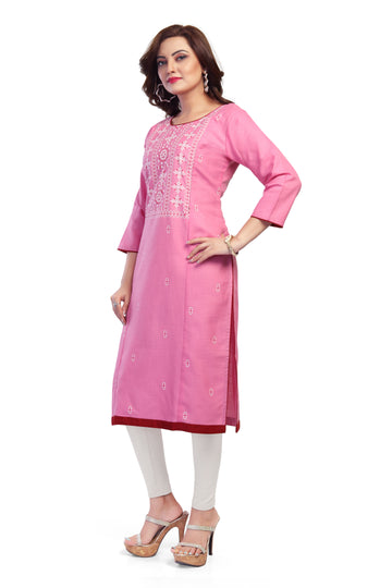 Straight Maternity & Nursing Kurti — Rose Pink Yoke Embroidered