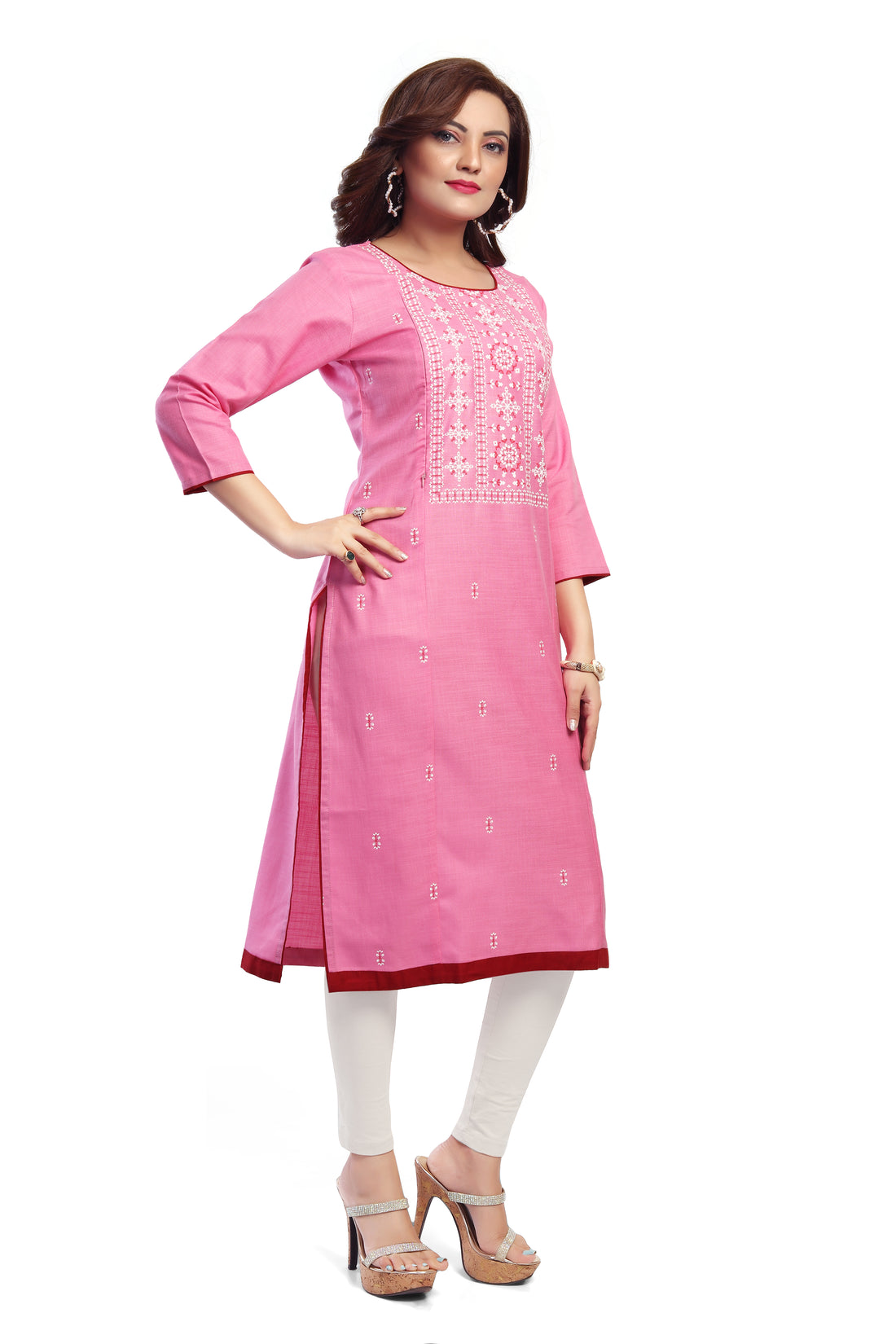 Straight Maternity & Nursing Kurti — Rose Pink Yoke Embroidered