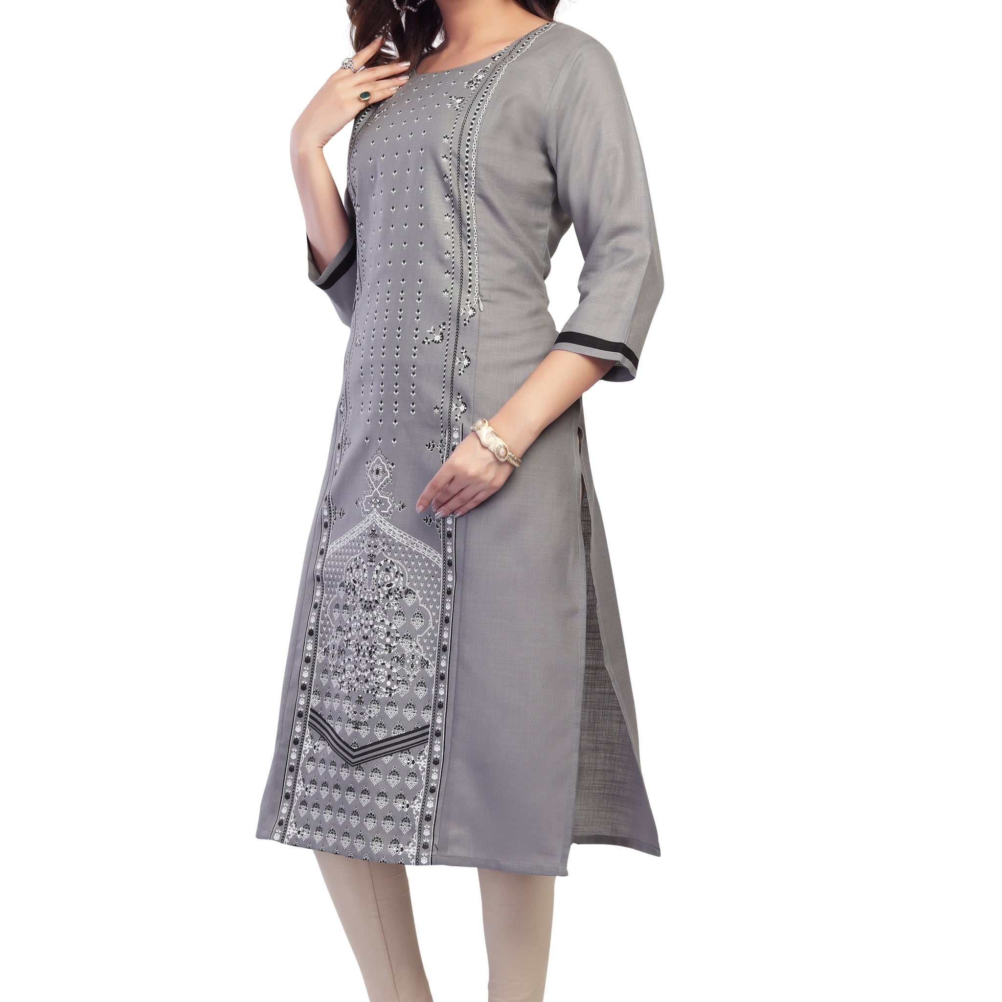 Straight Maternity & Nursing Kurti — Smoke Grey Print