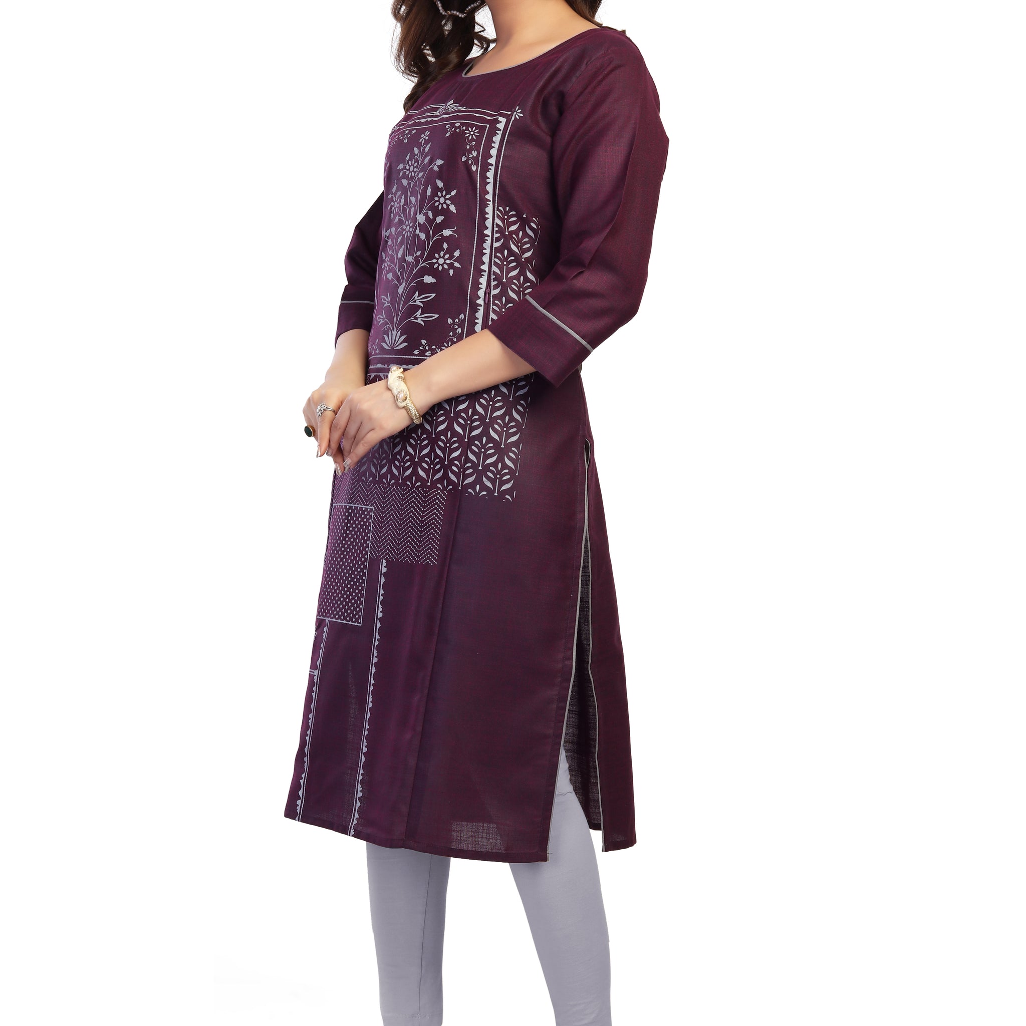 Straight Maternity &  Nursing Kurti — Wine Purple Patch Print
