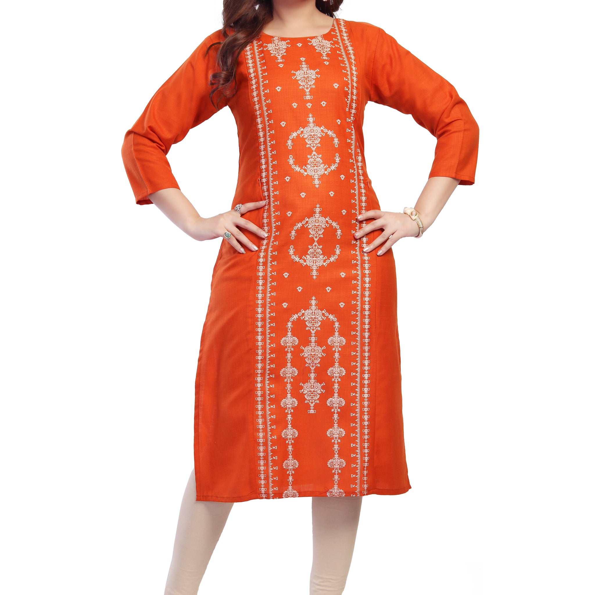 Straight Maternity & Nursing Kurti — Rust Orange Embroidered Panel