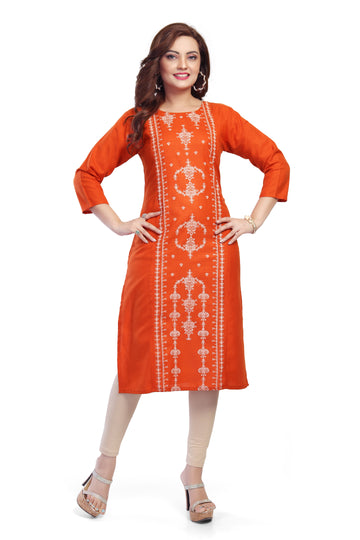 Straight Maternity & Nursing Kurti — Rust Orange Embroidered Panel