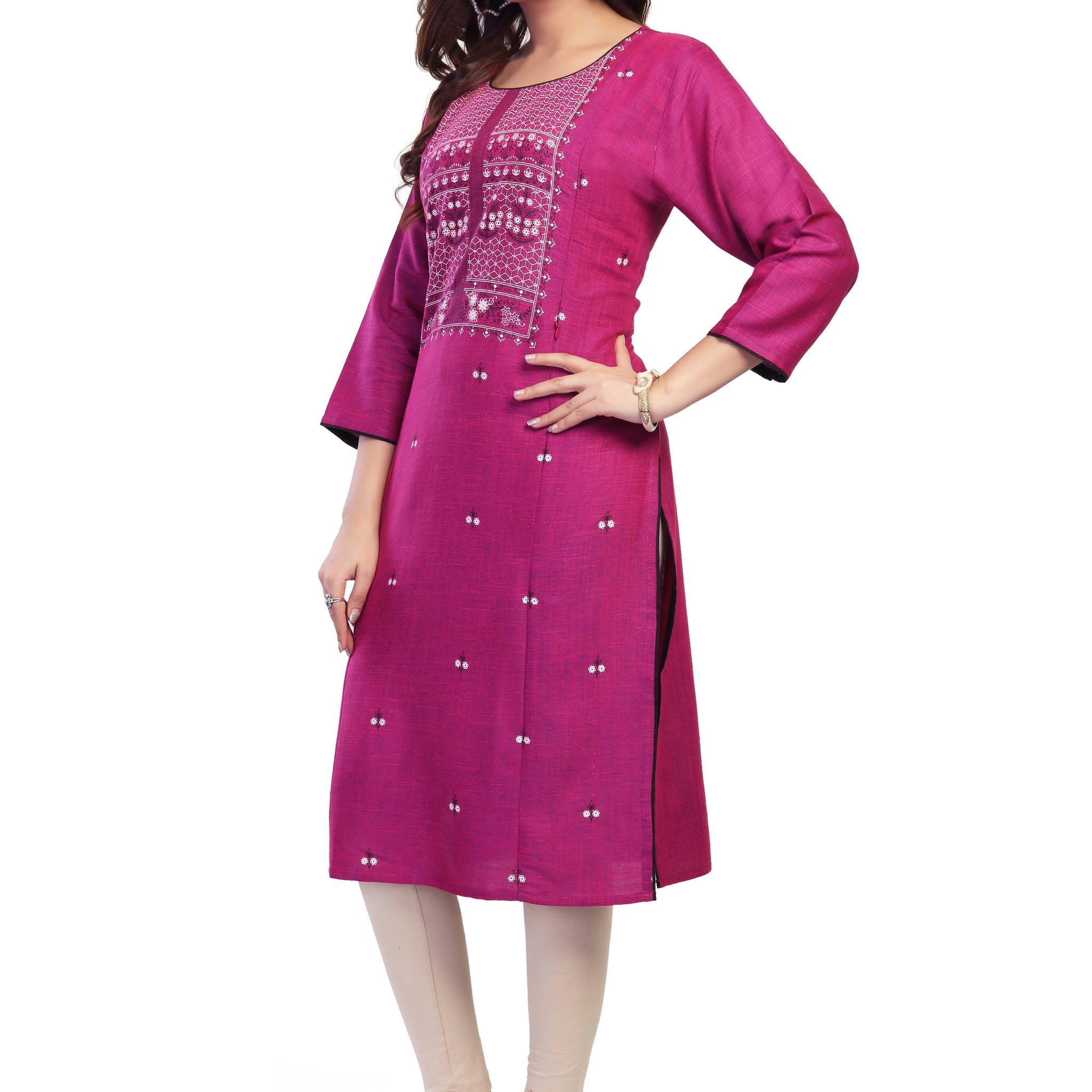 Straight Maternity &amp; Nursing Kurti — Rani Pink Mirror-Work Print