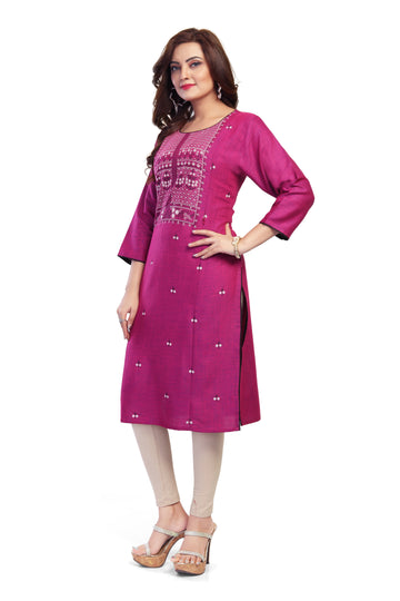 Straight Maternity &amp; Nursing Kurti — Rani Pink Mirror-Work Print