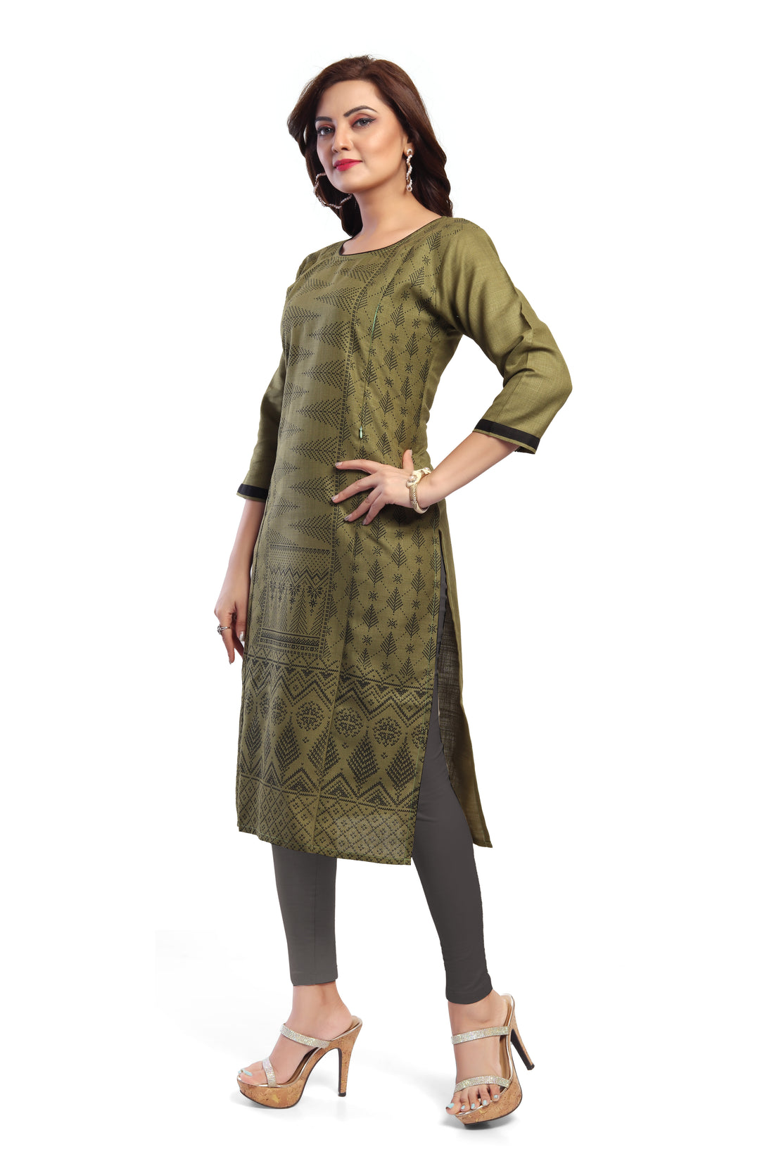 Straight Maternity & Nursing Kurti — Olive Green Print