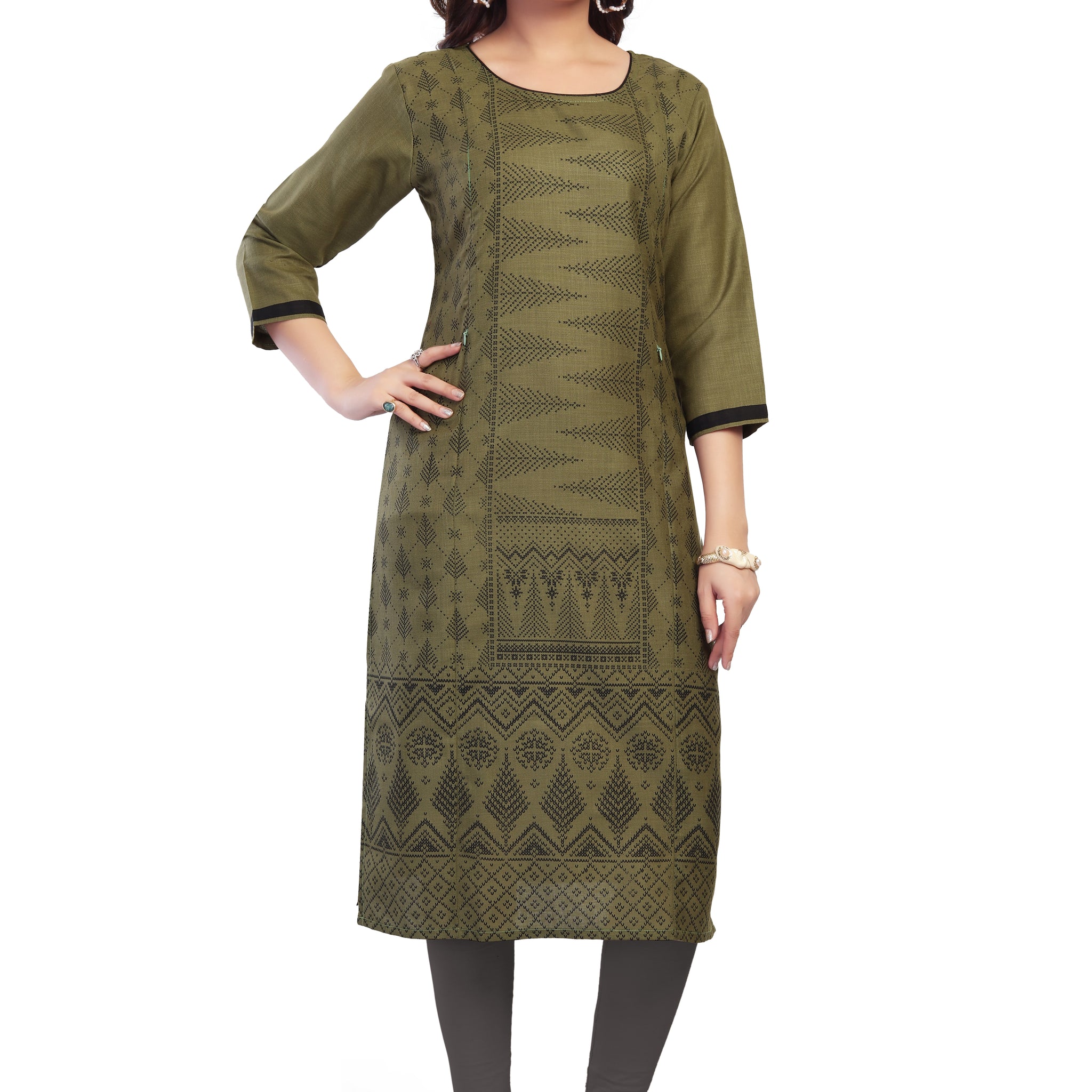 Straight Maternity & Nursing Kurti — Olive Green Print