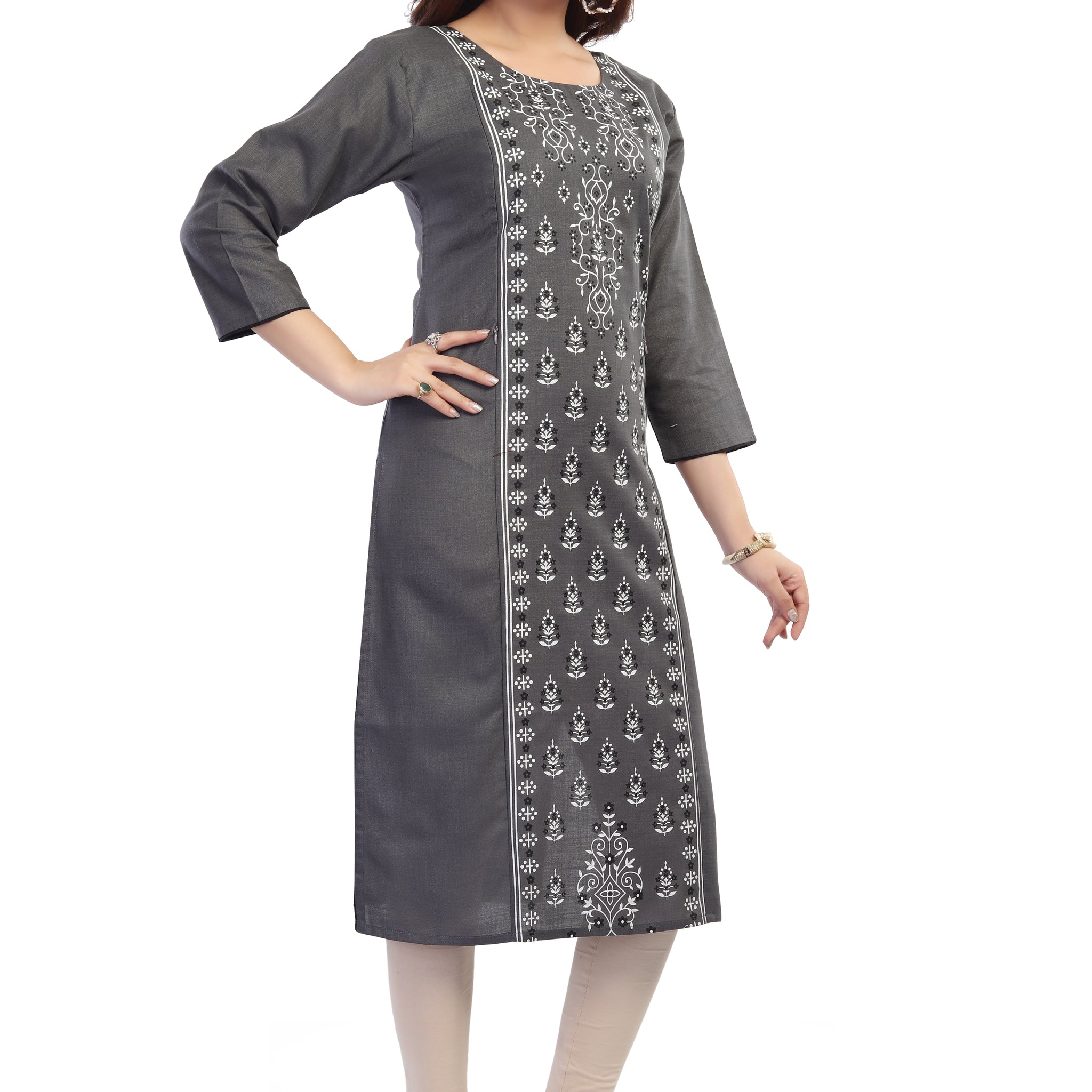 Straight Maternity &  Nursing Kurti — Charcoal Grey Print
