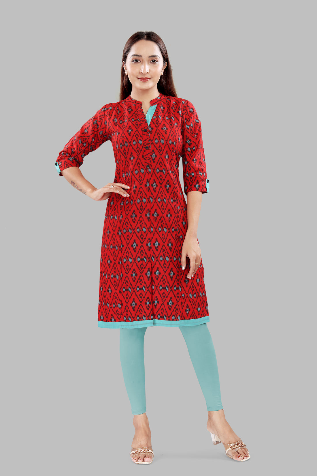 Straight Maternity & Nursing Kurti — Red Ikat