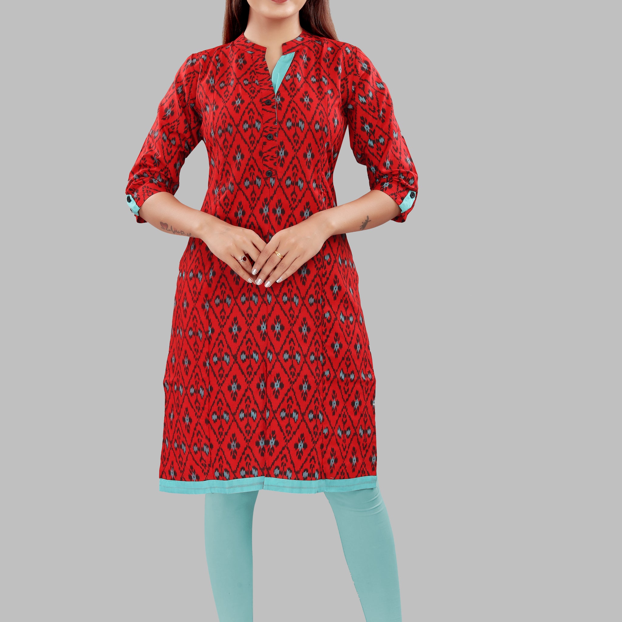 Straight Maternity & Nursing Kurti — Red Ikat