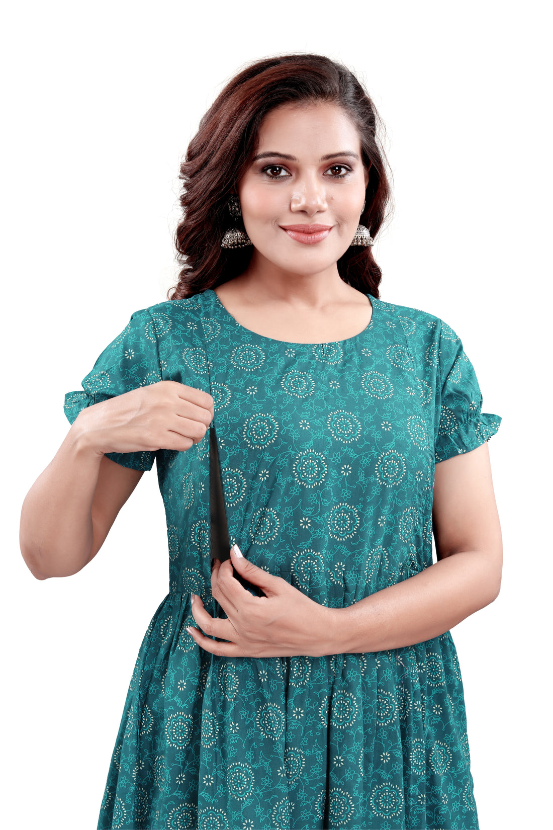 Flared Maternity & Nursing Midi Dress — Teal Mandala Print