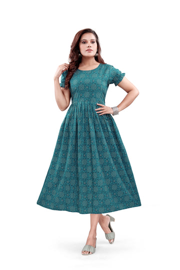 Flared Maternity & Nursing Midi Dress — Teal Mandala Print