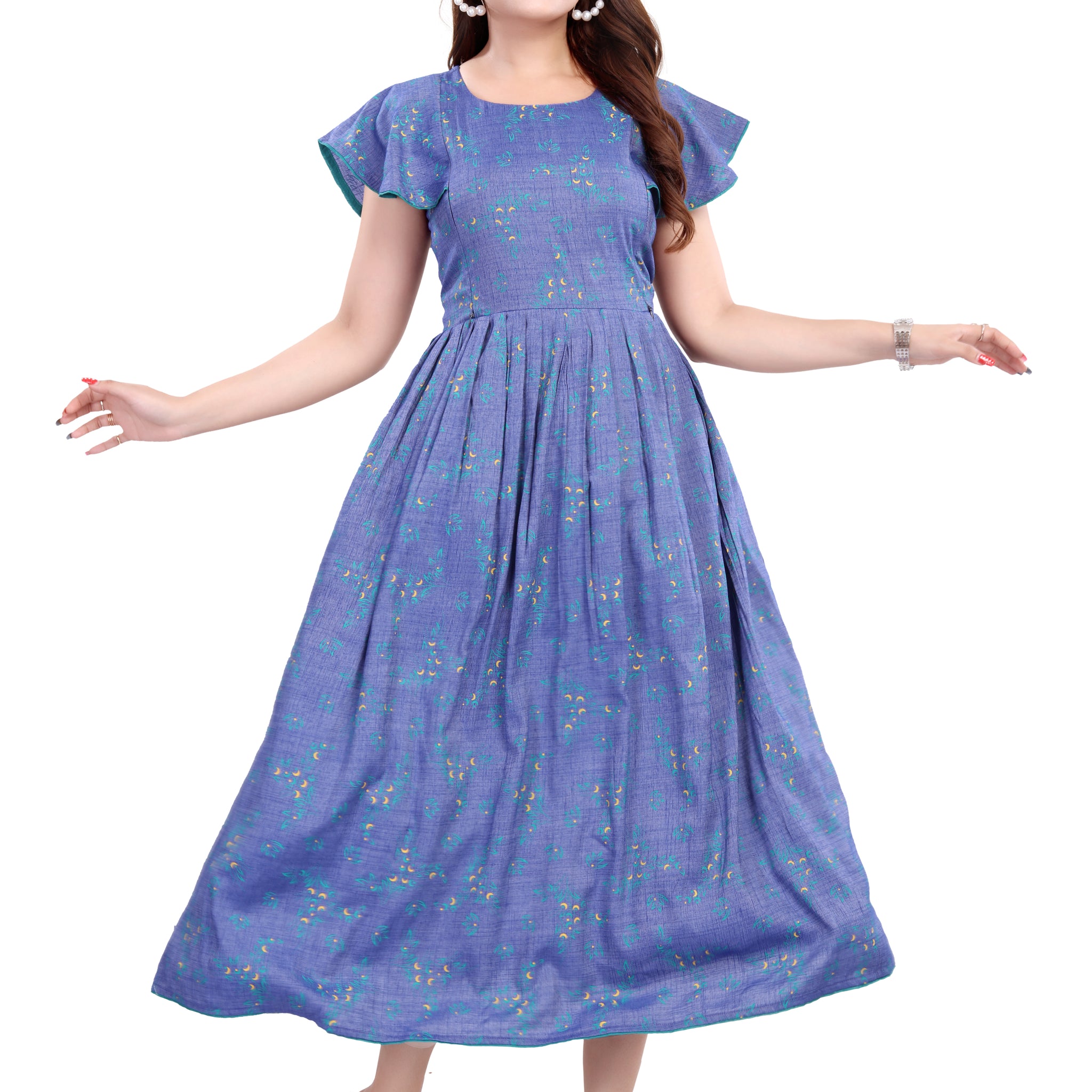 Blue Flutter Sleeves with Gathered Waist