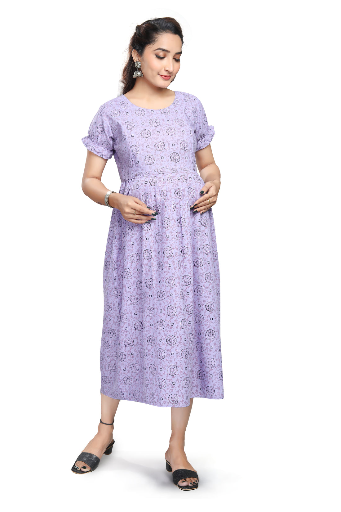 Lavender Printed Cotton Maternity & Nursing Midi Dress
