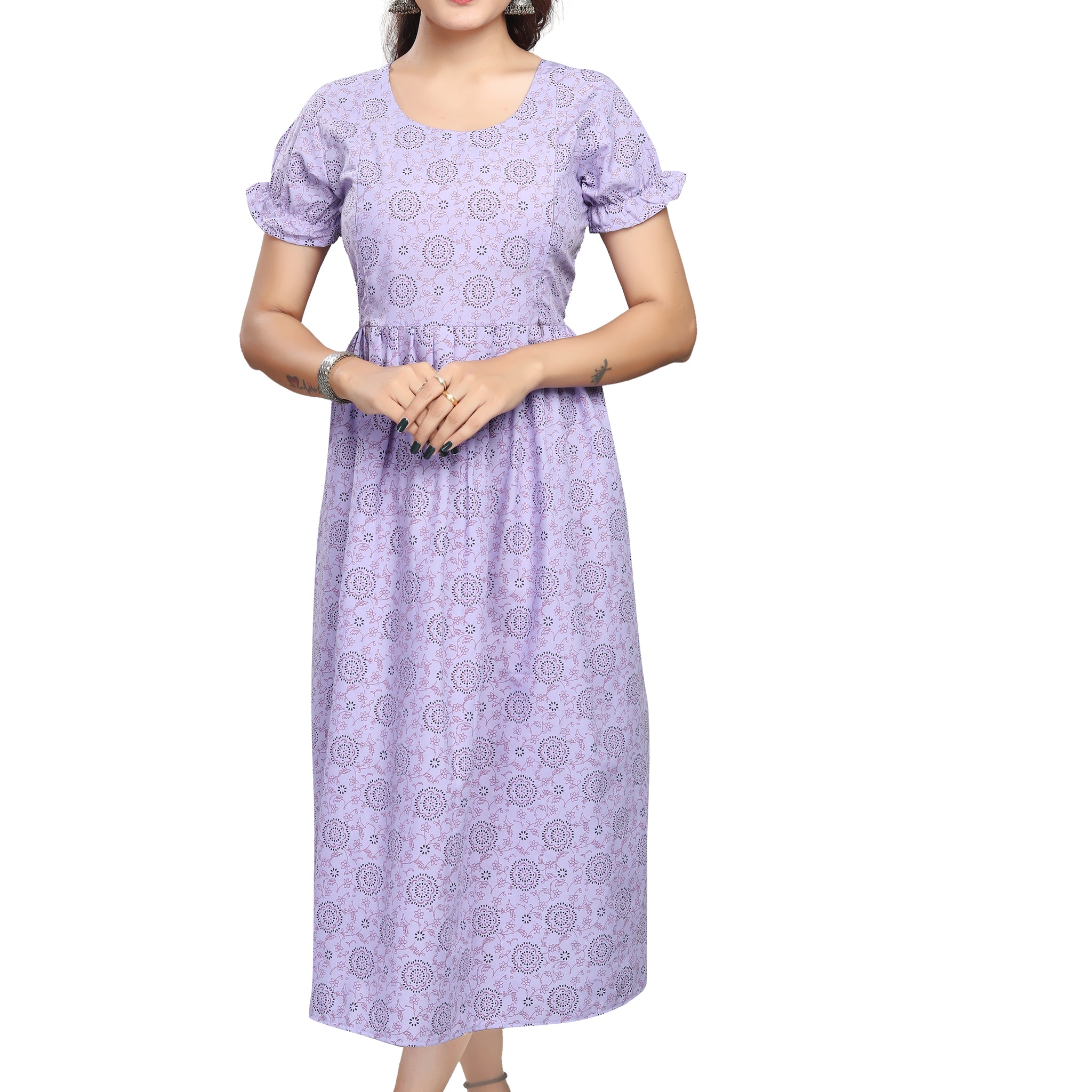Lavender Printed Cotton Maternity & Nursing Midi Dress