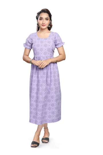 Lavender Printed Cotton Maternity & Nursing Midi Dress