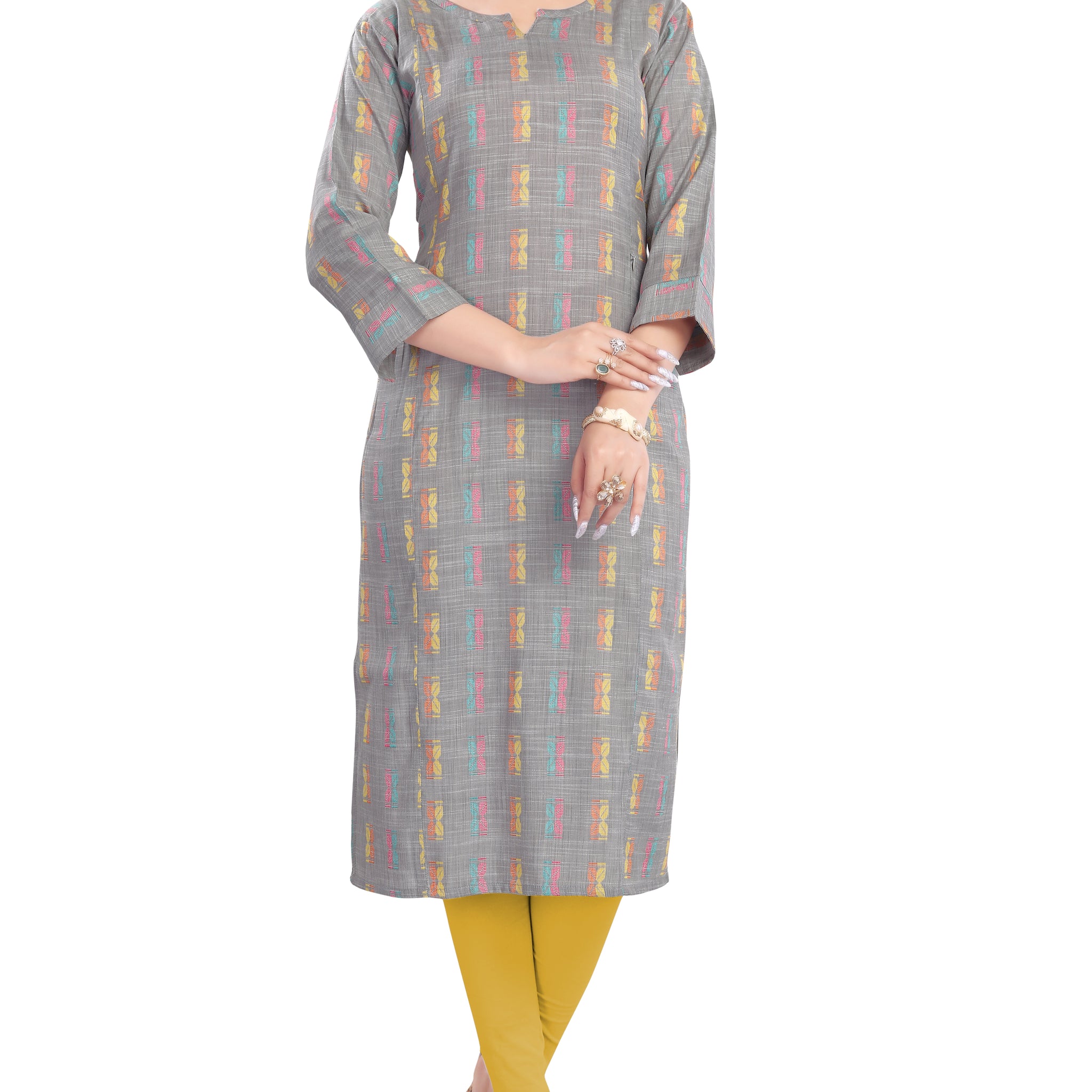 Grey Printed Straight with Notch Neck