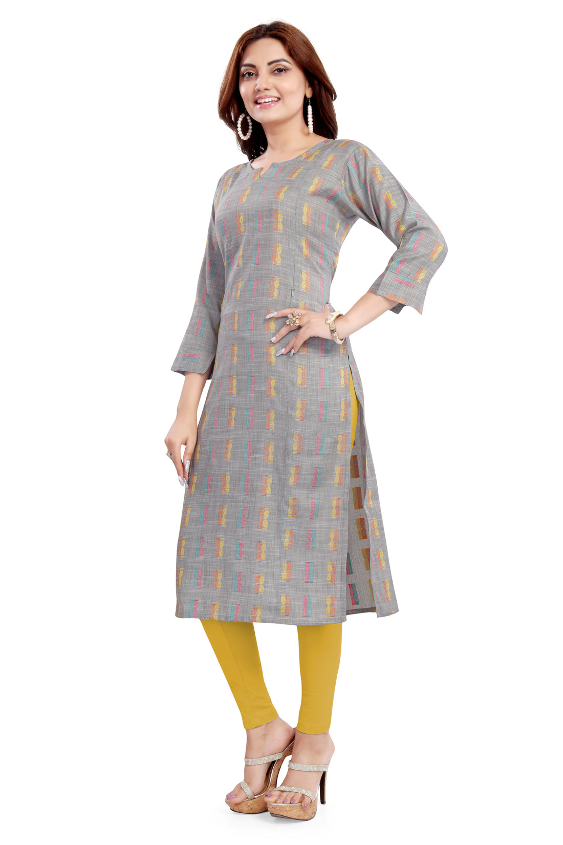 Grey Printed Straight with Notch Neck