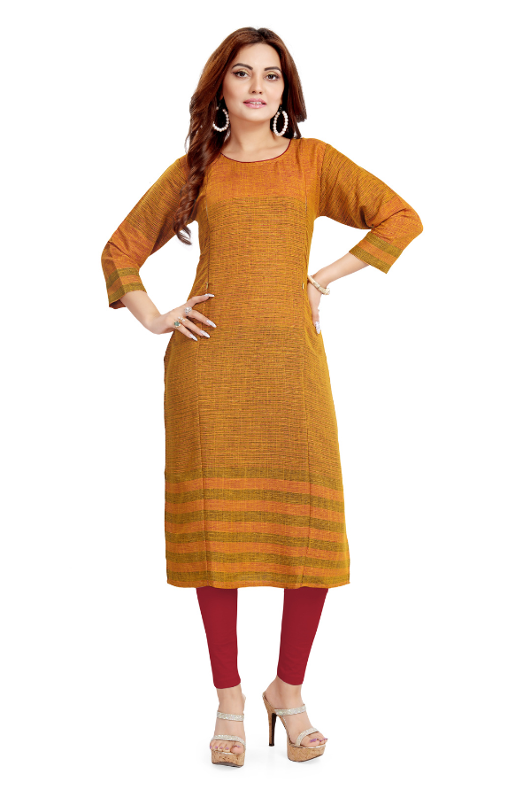 Mustard Textured Straight with Striped Hem