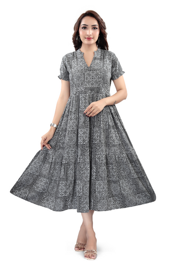 Black &amp; White Block Print Flared Kurti