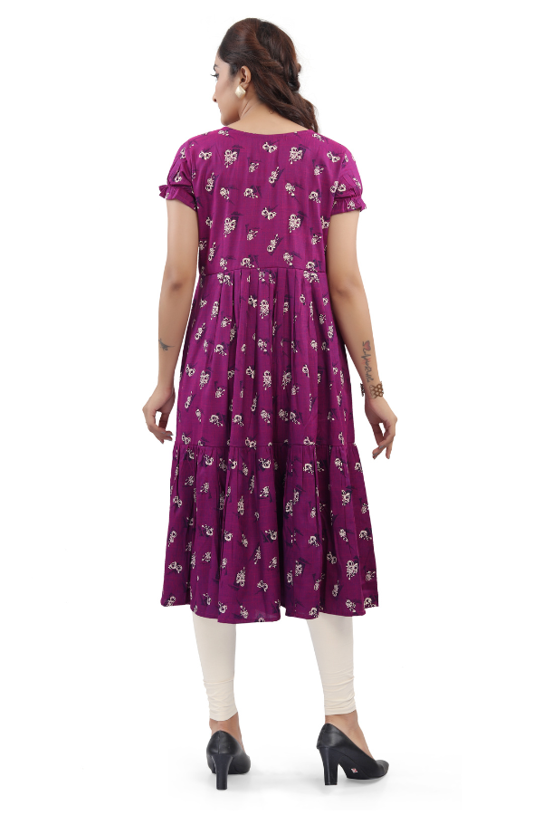 Deep Purple with Floral Motifs &amp; Tiered Hem