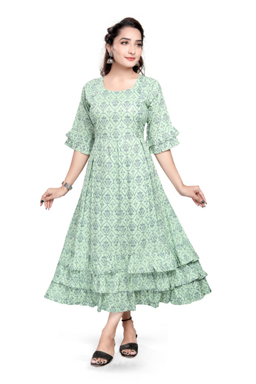 Mint Green Printed Flared Kurti with Ruffle Sleeves