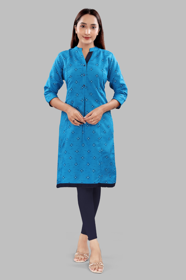 Straight Maternity & Nursing Kurti — Ocean Blue Notch-Neck Printed