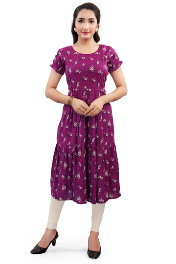 Deep Purple with Floral Motifs &amp; Tiered Hem