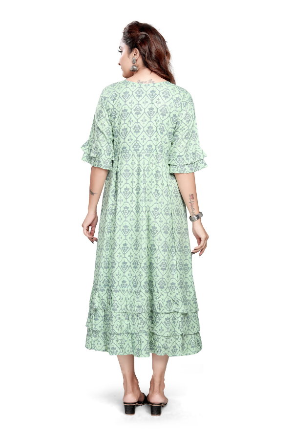 Mint Green Printed Flared Kurti with Ruffle Sleeves