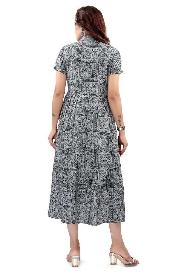 Black &amp; White Block Print Flared Kurti