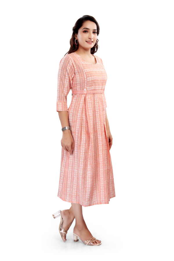 Peach Striped A-Line with Waist Buttons