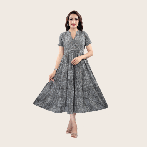 Grey Anarkali maternity dress with block print design